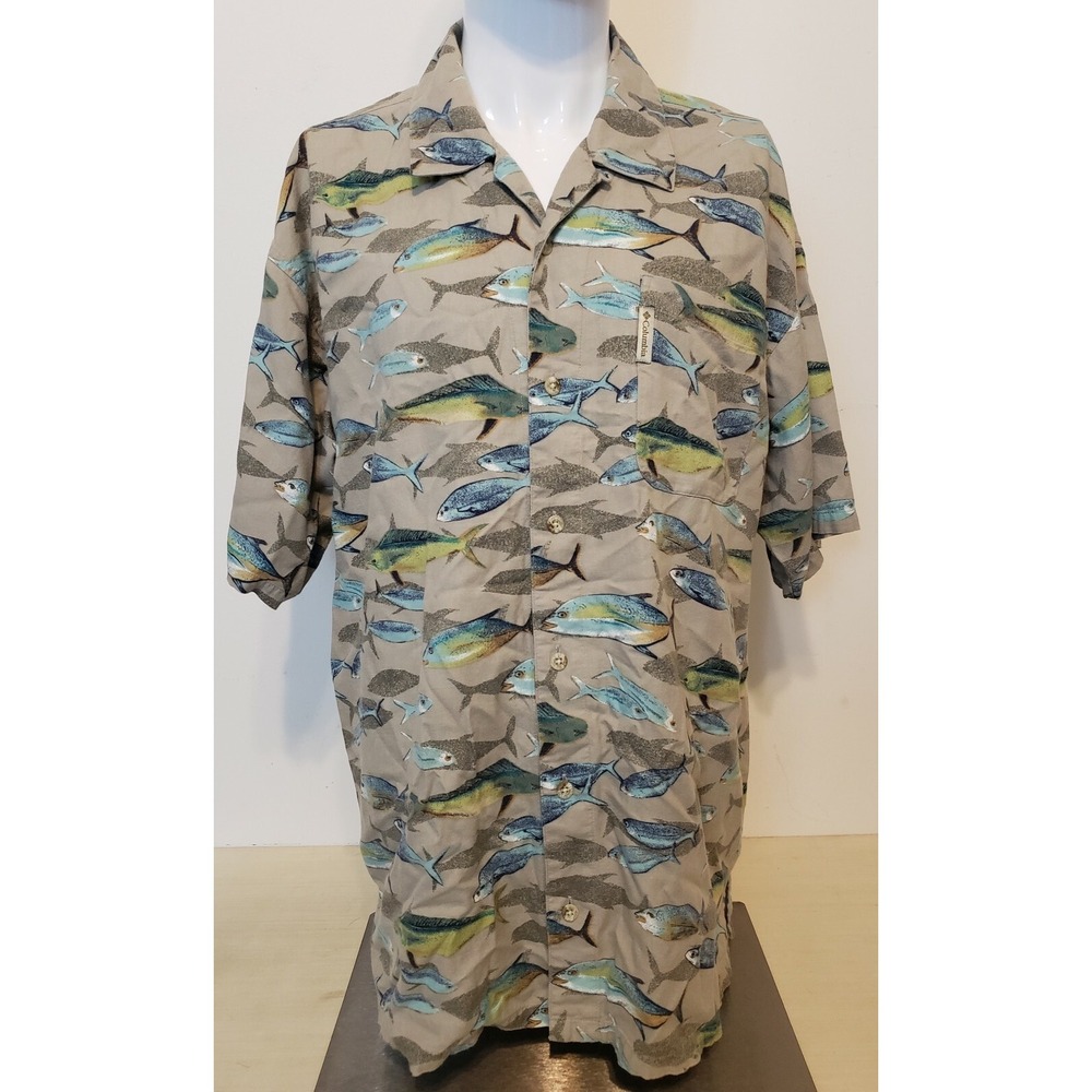 Columbia Button Down Shirt Men's Large Fish Short Sleeve Cotton Blend